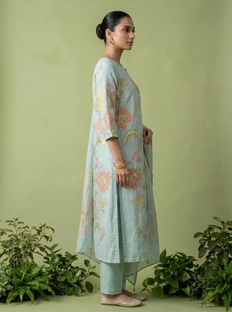 Aqua Cotton Floral Printed Three Piece Set - Image 3