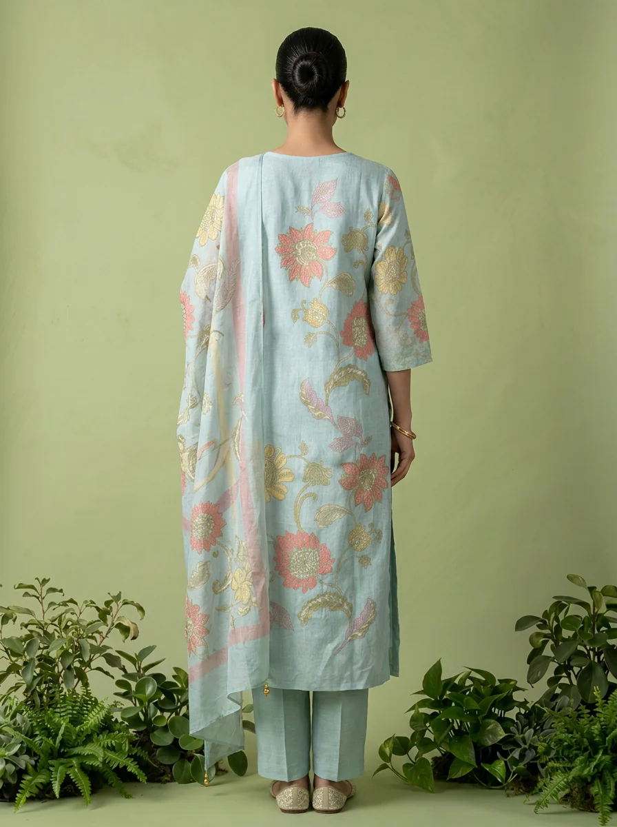 Aqua Cotton Floral Printed Three Piece Set - Image 4