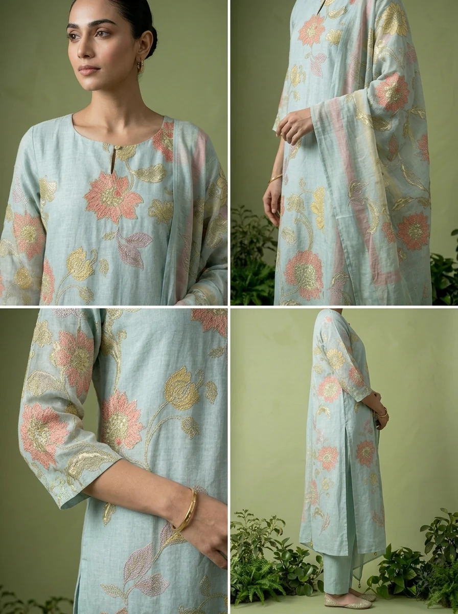 Aqua Cotton Floral Printed Three Piece Set - Image 5