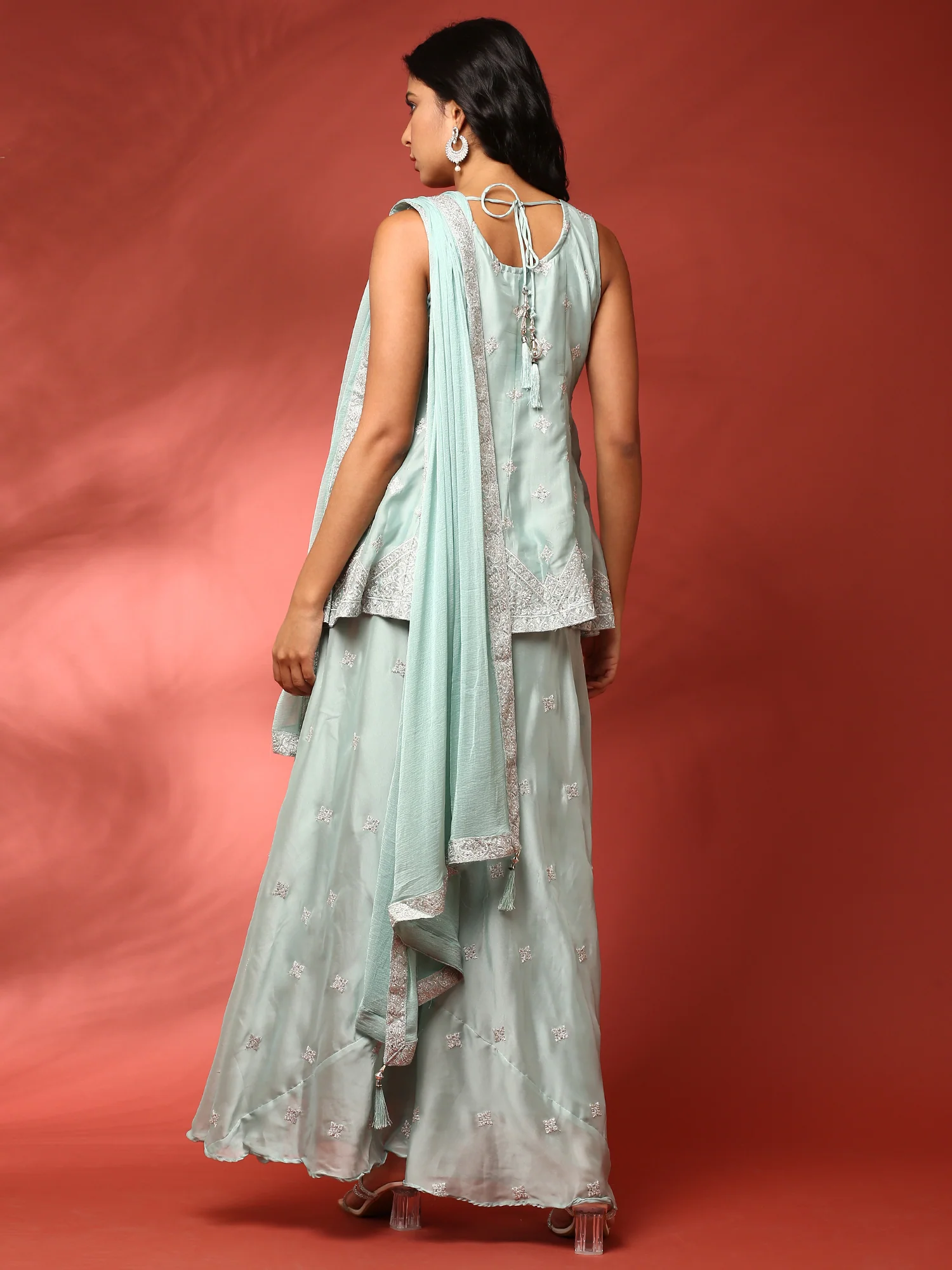 Aqua green hand embroidered three piece palazzo set - Image 3
