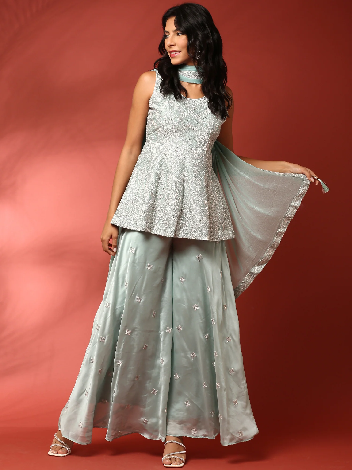 Aqua green hand embroidered three piece palazzo set - Image 5