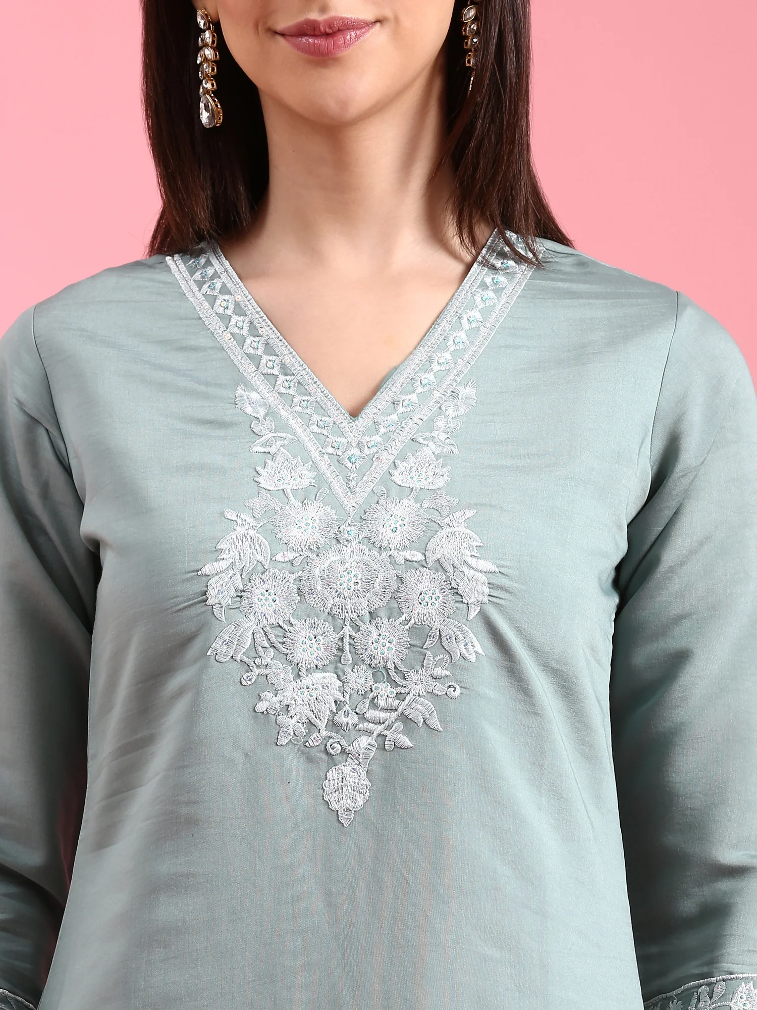 Aqua Modal Silk Embroidery Three Piece Suit Set - Image 4
