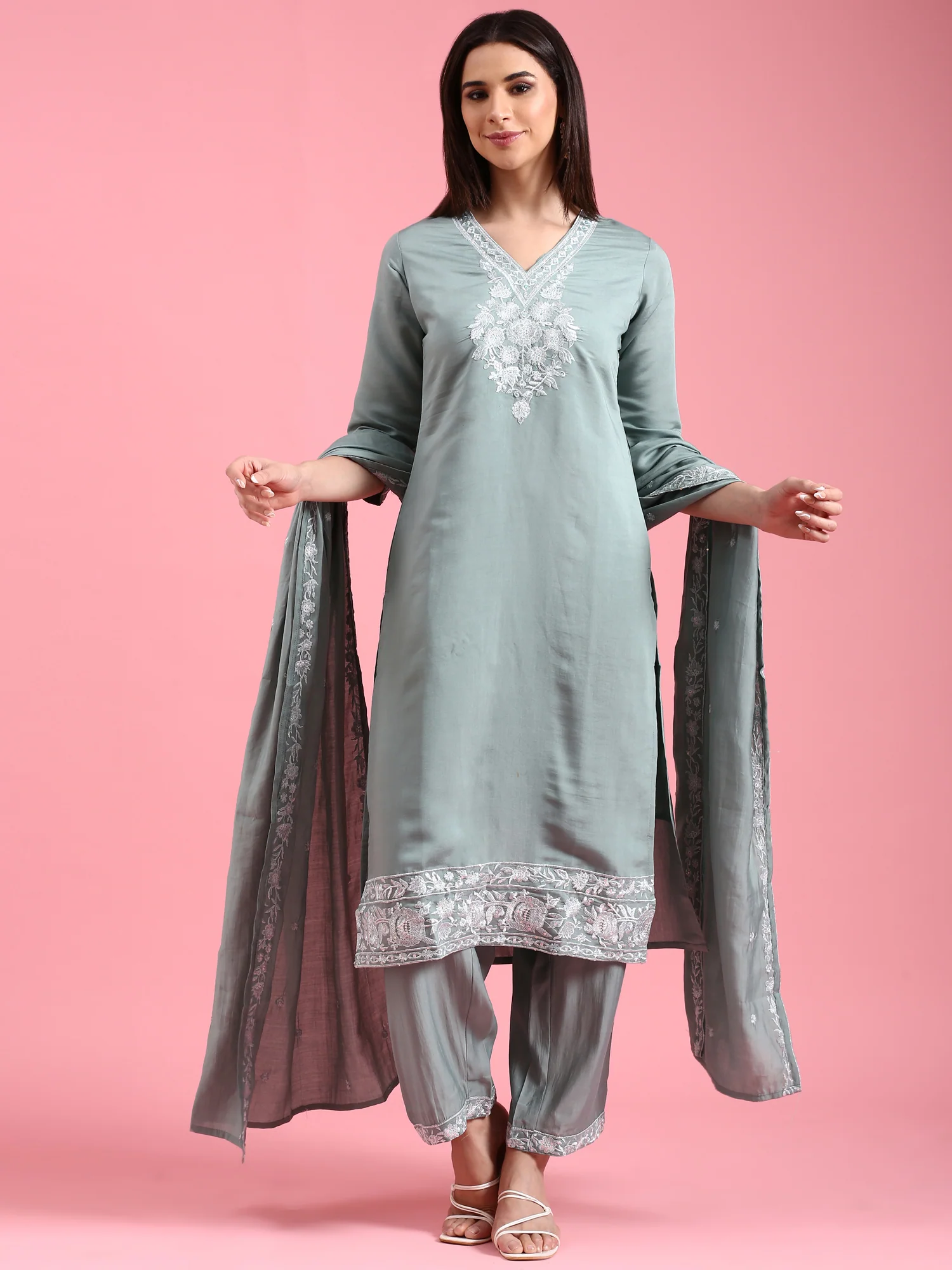 Aqua Modal Silk Embroidery Three Piece Suit Set - Image 5
