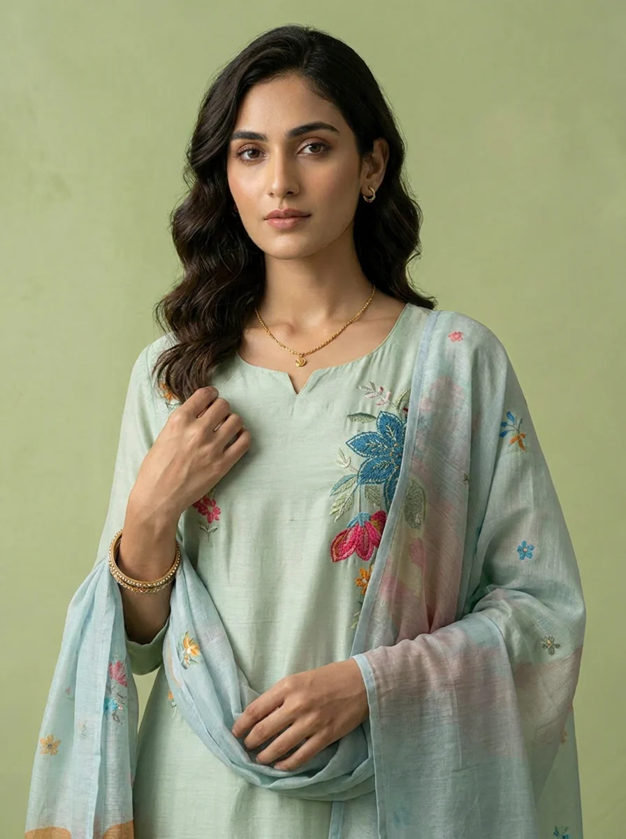 Aqua Muslin Heavy Floral Thread Embroidery Three Piece Set