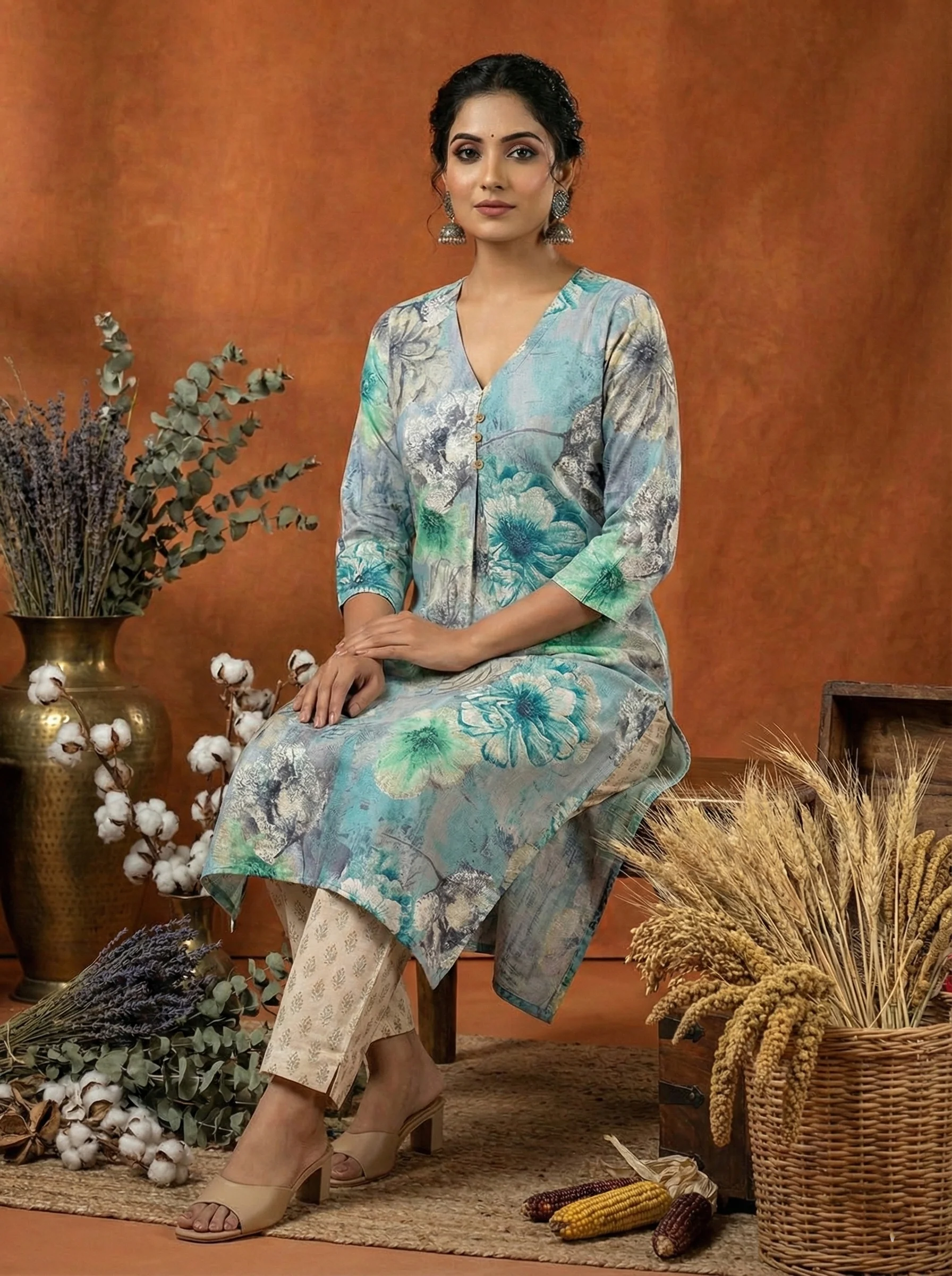 Aqua Rayon Floral Digital Print Kurta - Image 2