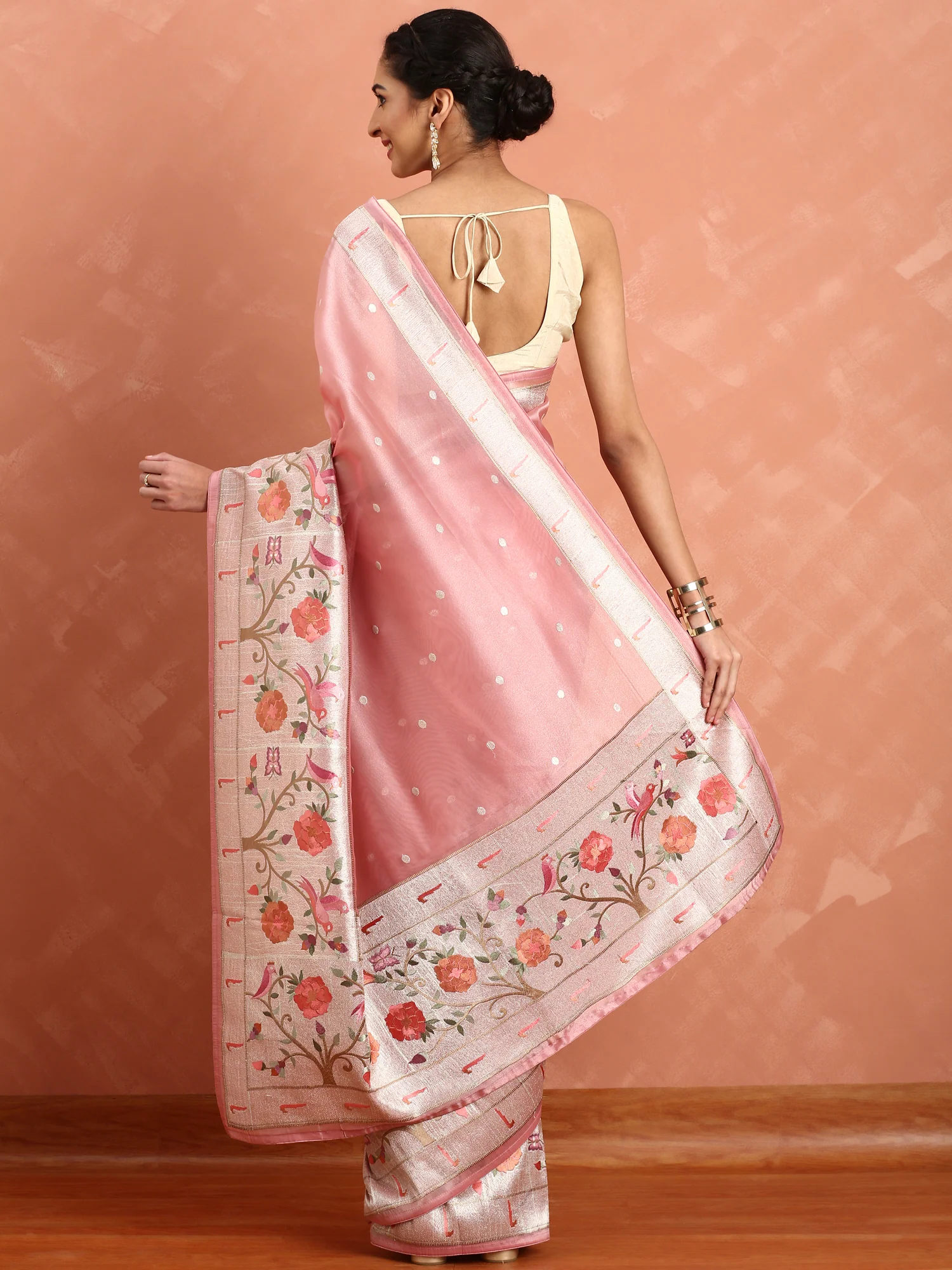 Baby Pink Banaras Silk Saree With Meena Border And Motifs - Image 3