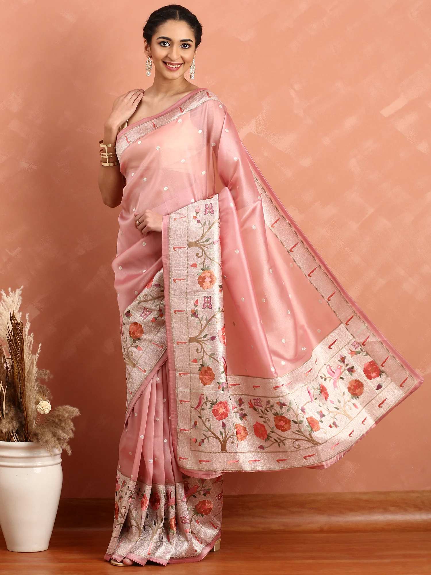 Baby Pink Banaras Silk Saree With Meena Border And Motifs - Image 4