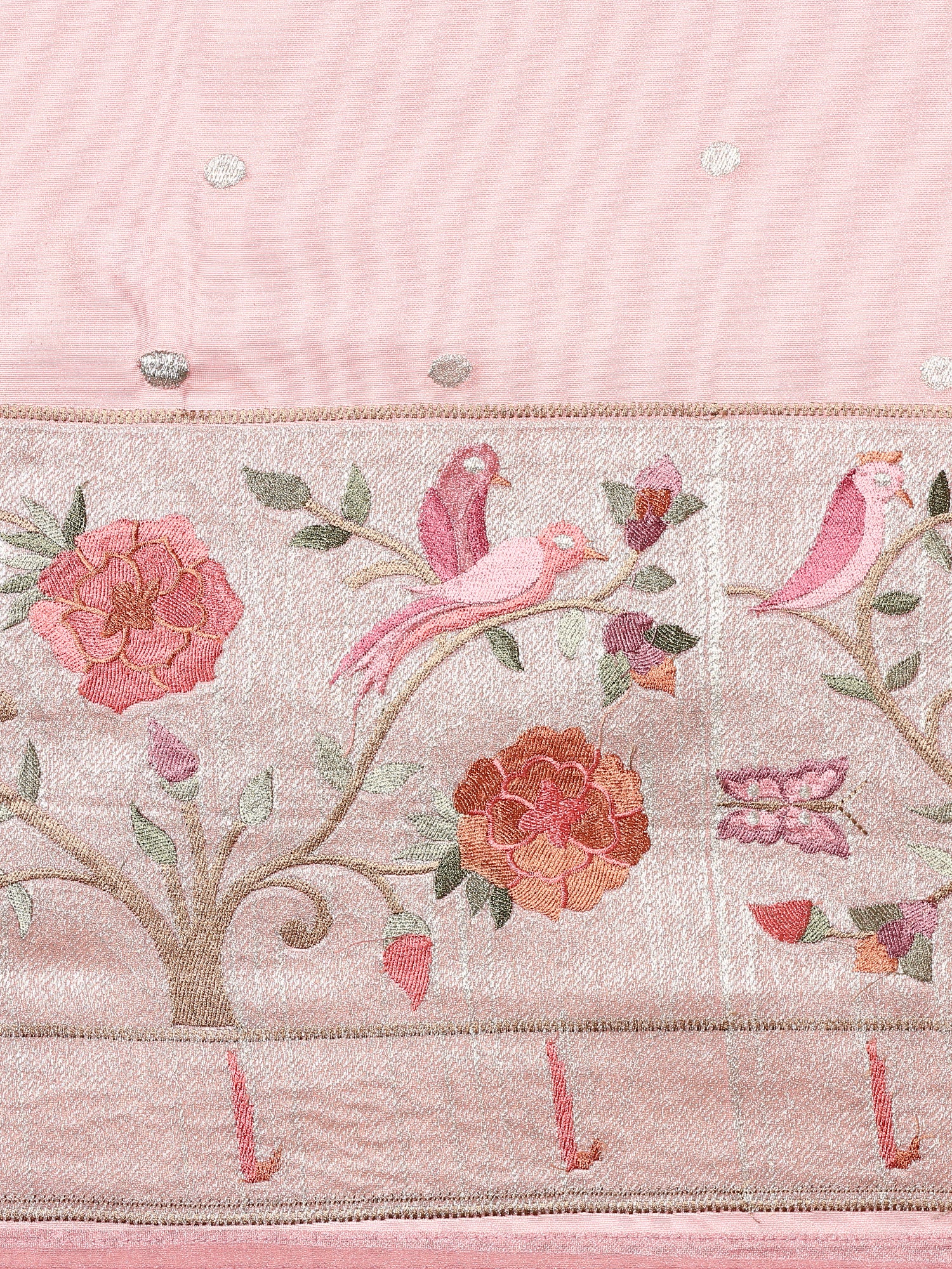 Baby Pink Banaras Silk Saree With Meena Border And Motifs - Image 5