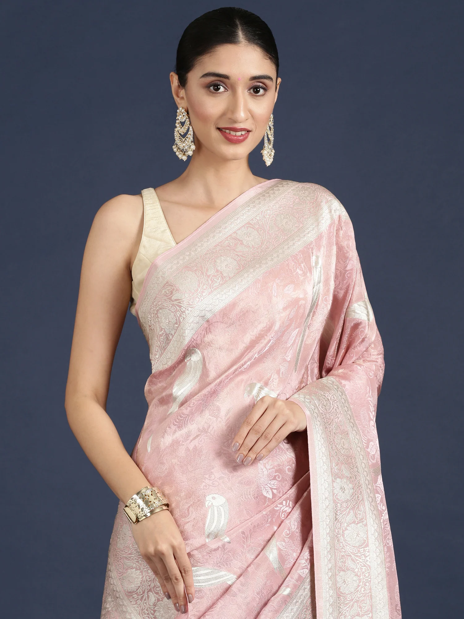 Baby Pink Banaras Weaved Saree - Image 3
