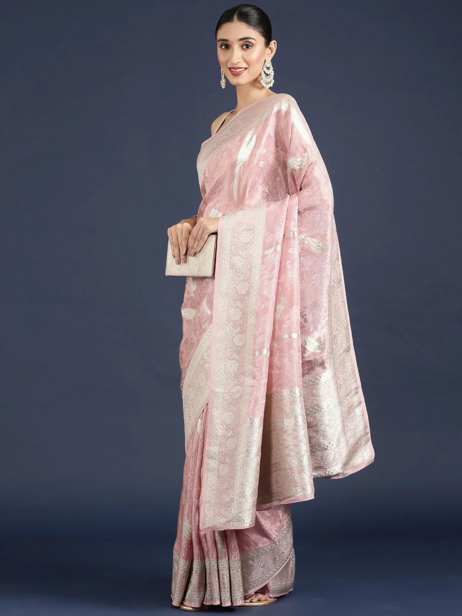 Baby Pink Banaras Weaved Saree - Image 4