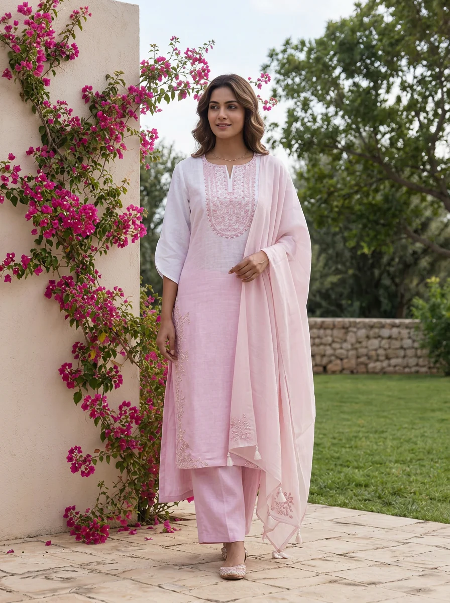 Baby Pink Beads Embroidered Linen Three Piece Set