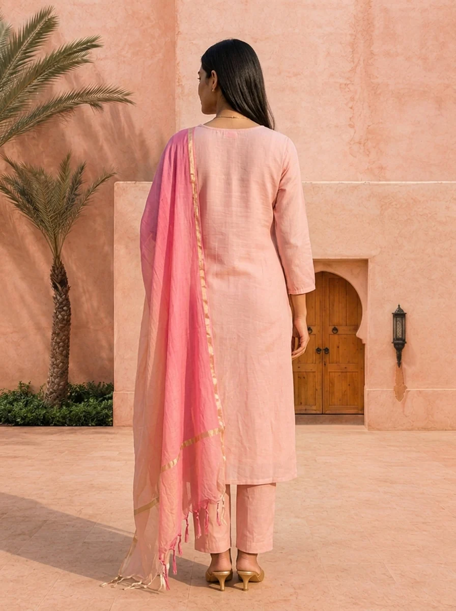Baby Pink Chanderi Beads And Thread Embroidery Three Piece Set - Image 2