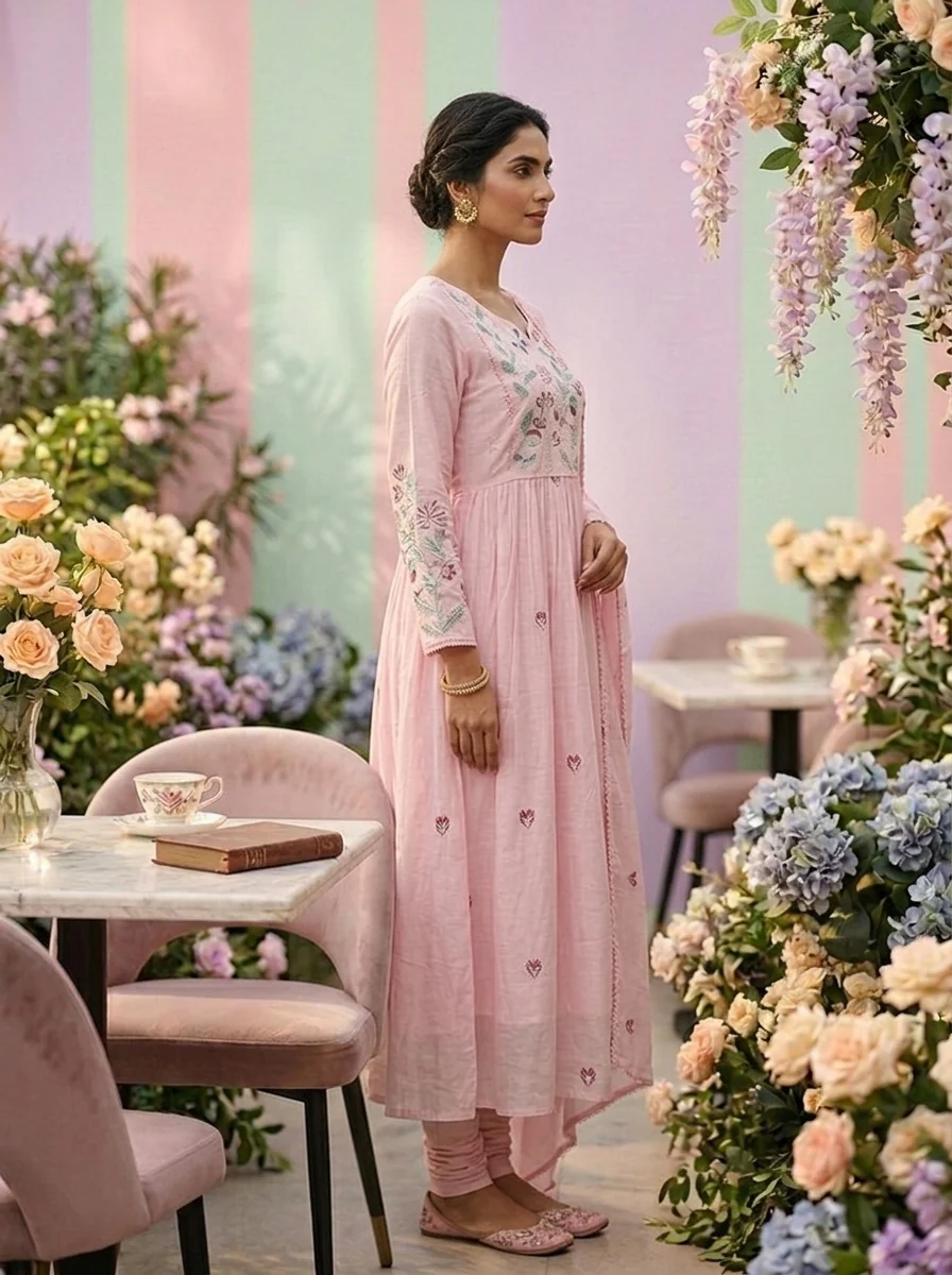 Baby Pink Cotton Embroidery Three Piece Set - Image 4
