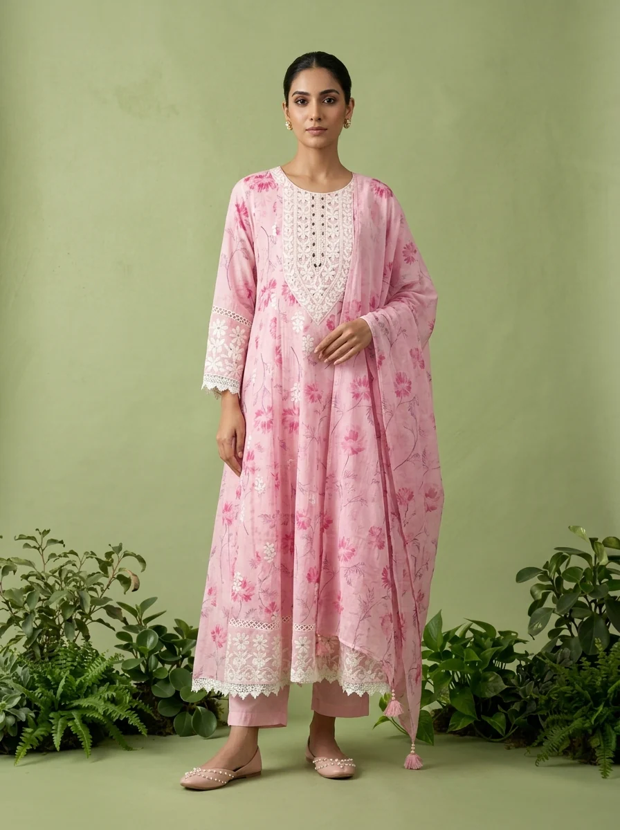 Baby Pink Cotton Floral Printed And Thread Embroidery Three Piece Set - Image 3