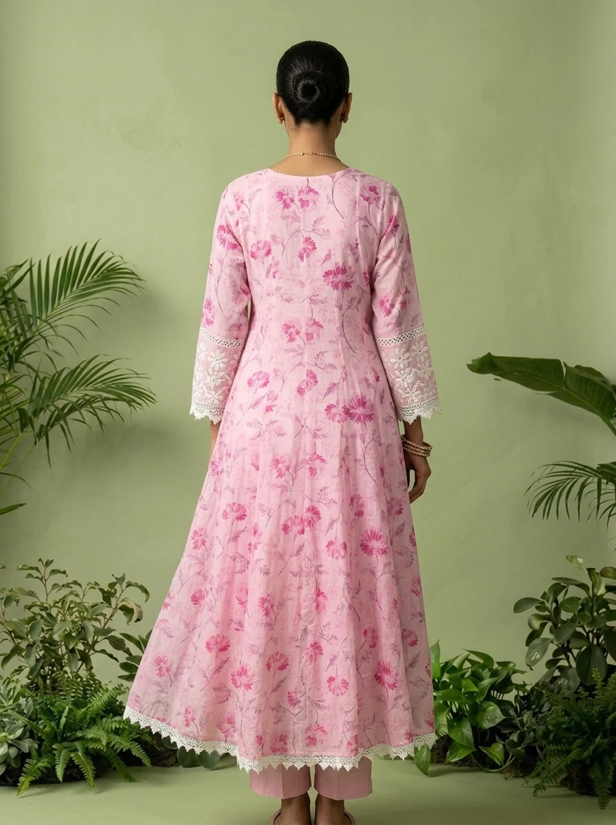Baby Pink Cotton Floral Printed And Thread Embroidery Three Piece Set - Image 4