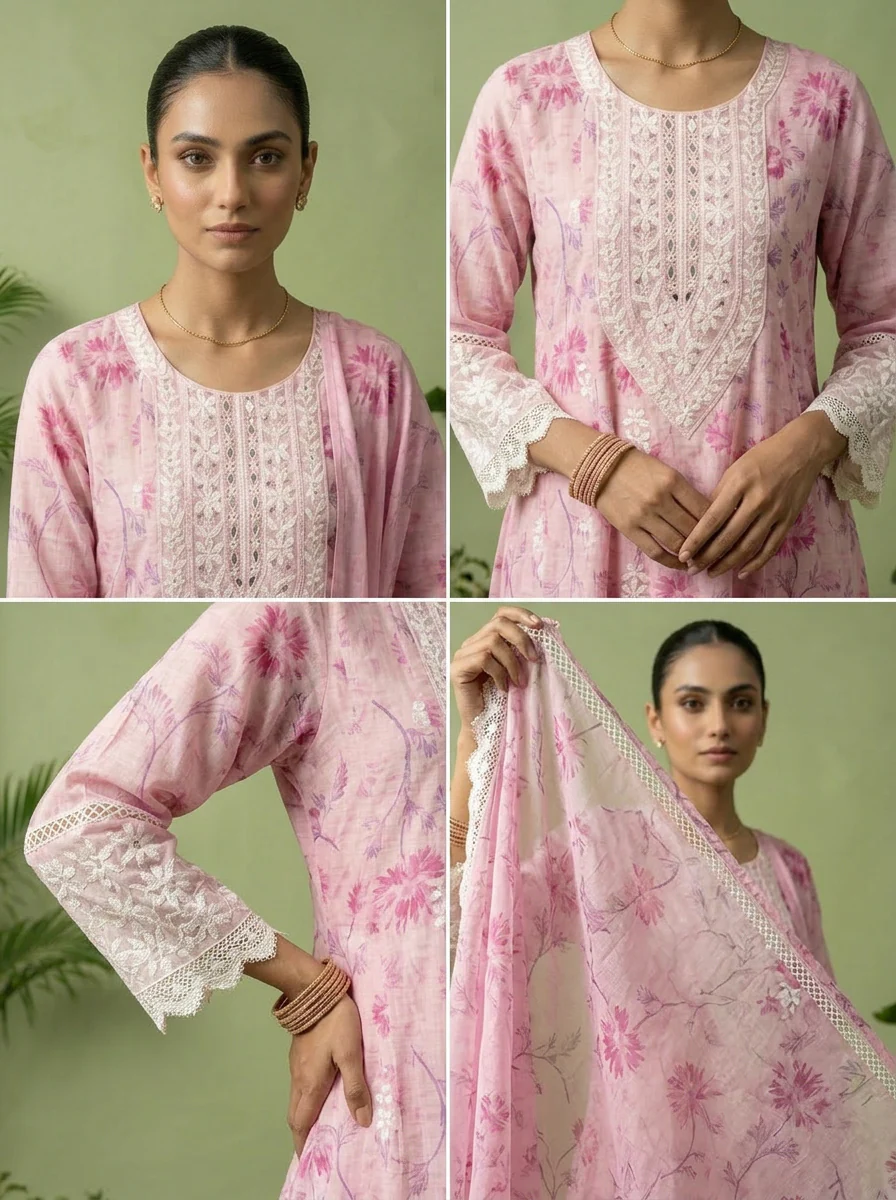 Baby Pink Cotton Floral Printed And Thread Embroidery Three Piece Set - Image 5