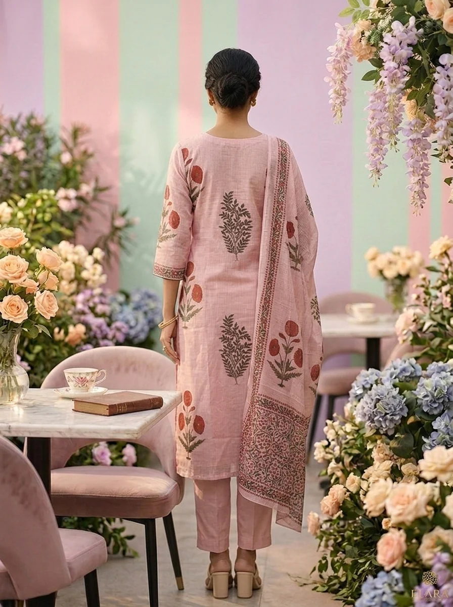 Baby Pink Cotton Floral Printed Three Piece Set - Image 2