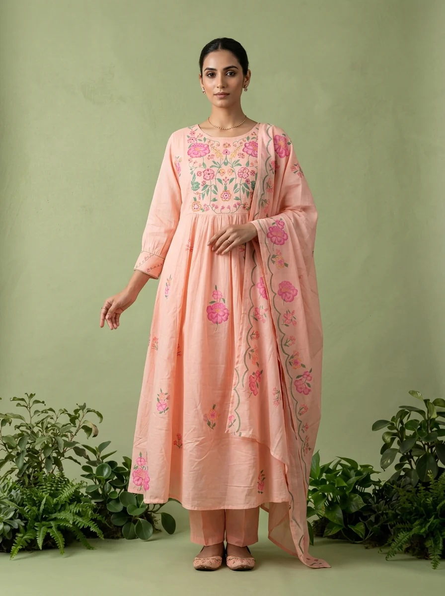 Baby Pink Cotton Floral Printed Three Piece Set