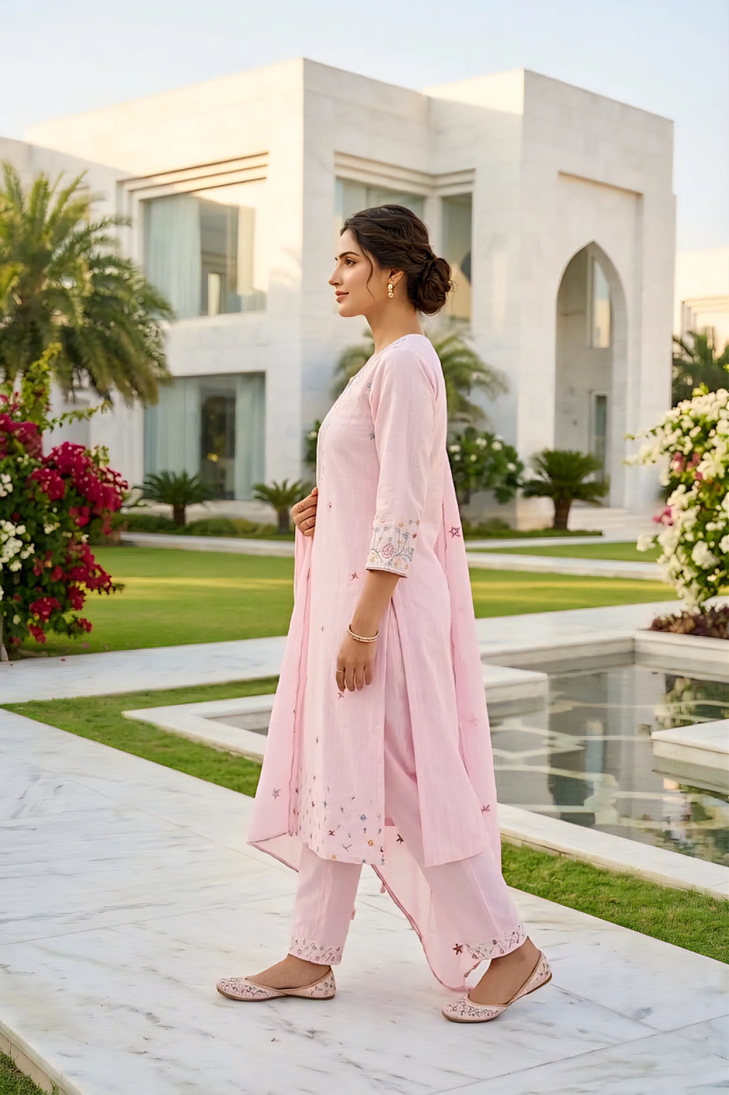 Baby Pink Cotton Floral Thread Embroidery Three Piece Set - Image 2