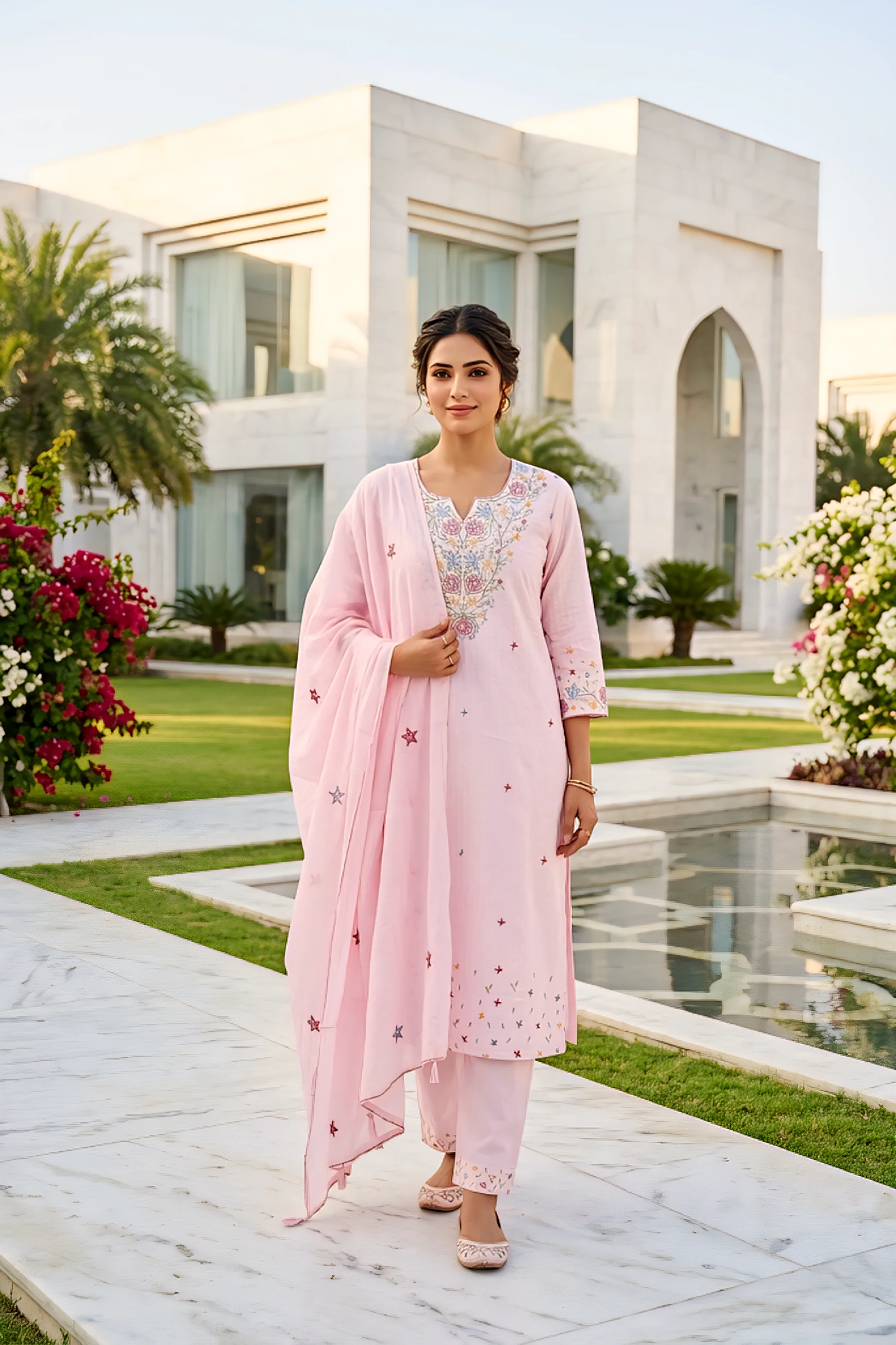 Baby Pink Cotton Floral Thread Embroidery Three Piece Set - Image 3