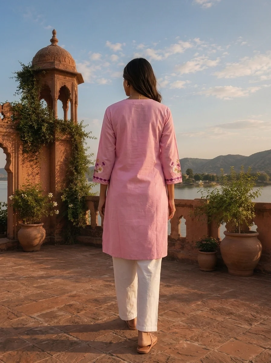 Baby Pink Cotton Multicolor Floral Hand Embroidered Kurta - Image 2