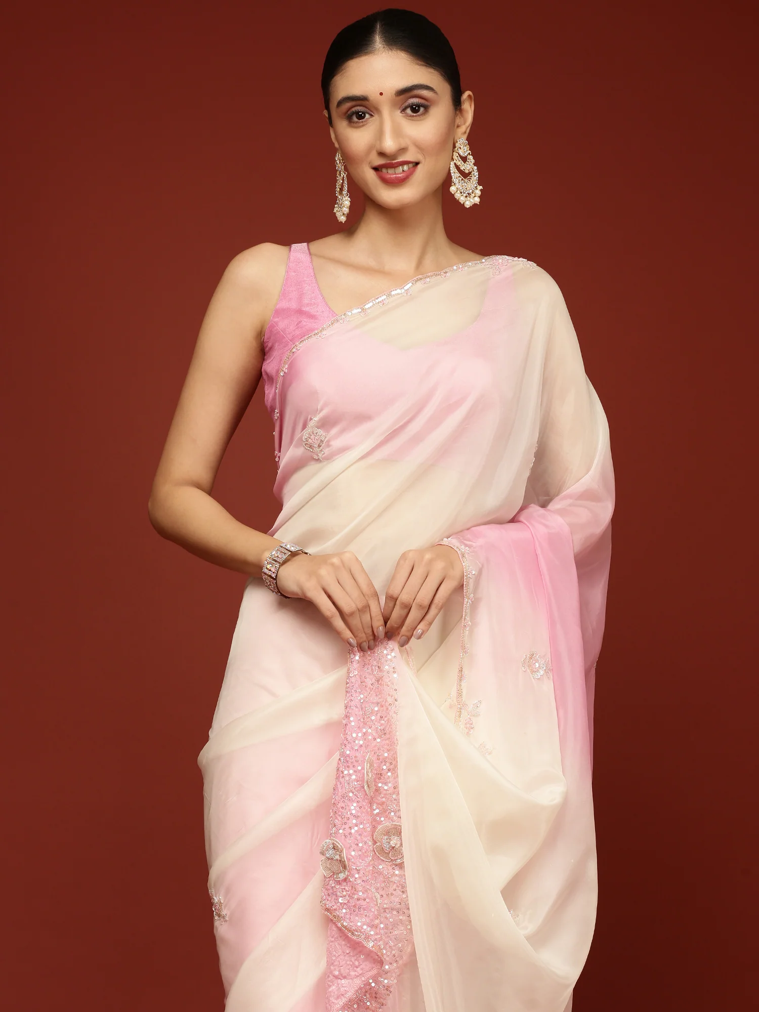 Baby Pink Crepe Stone Work Saree - Image 3