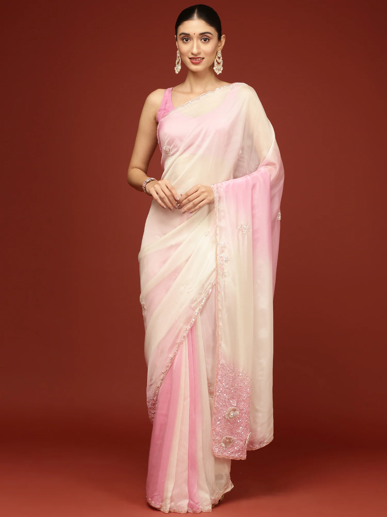 Baby Pink Crepe Stone Work Saree - Image 4