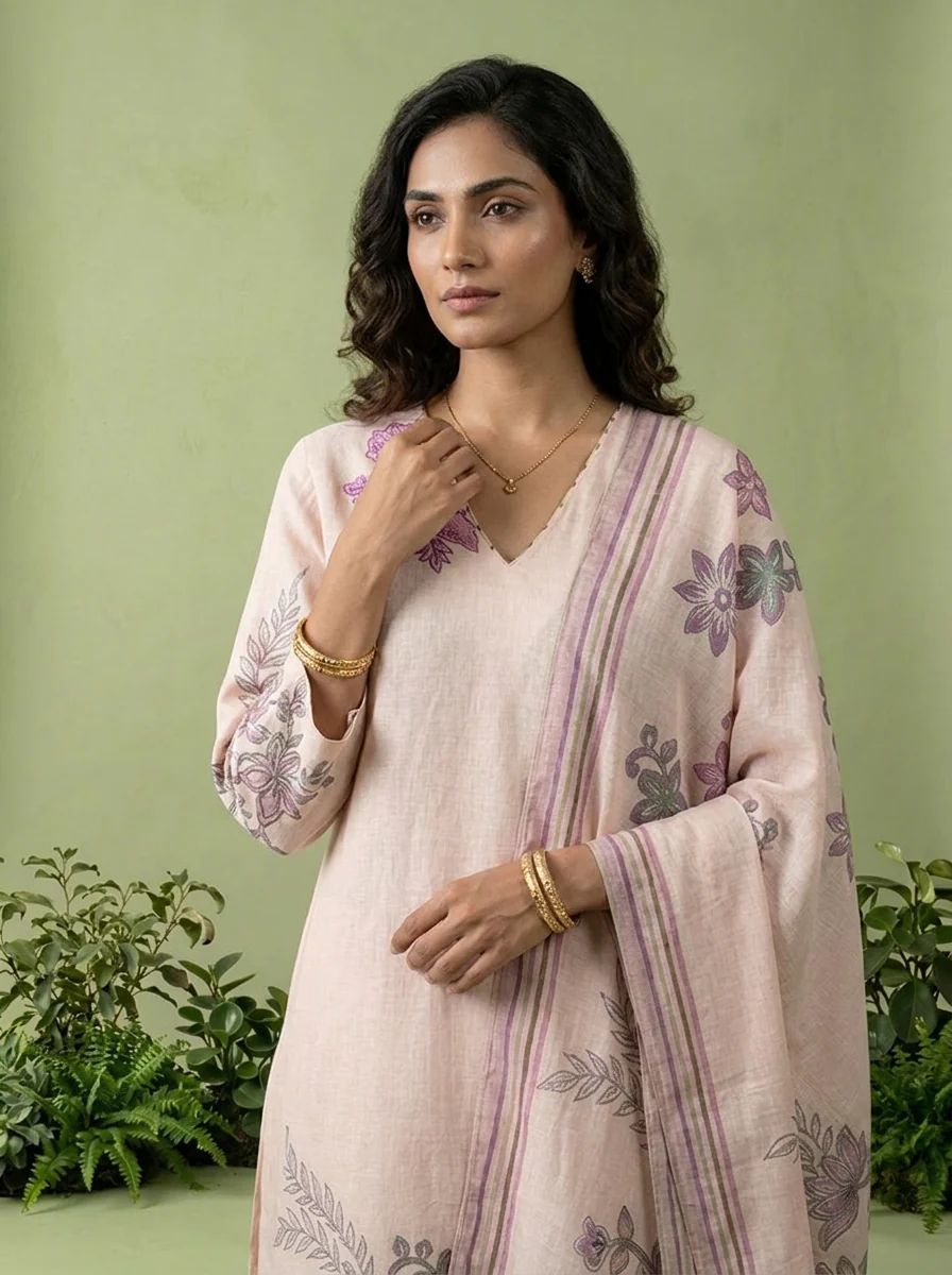 Baby Pink Floral Hand Embroidered Linen Three Piece Set - Image 2