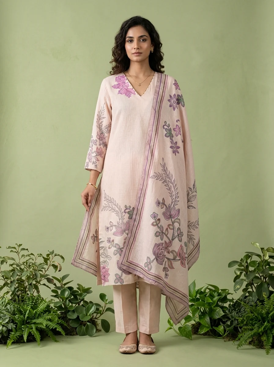 Baby Pink Floral Hand Embroidered Linen Three Piece Set - Image 3