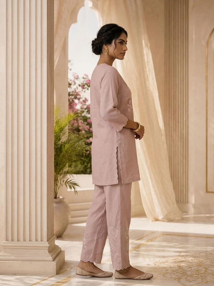 Baby Pink Floral Thread Embroidery Linen Two Piece Set - Image 3