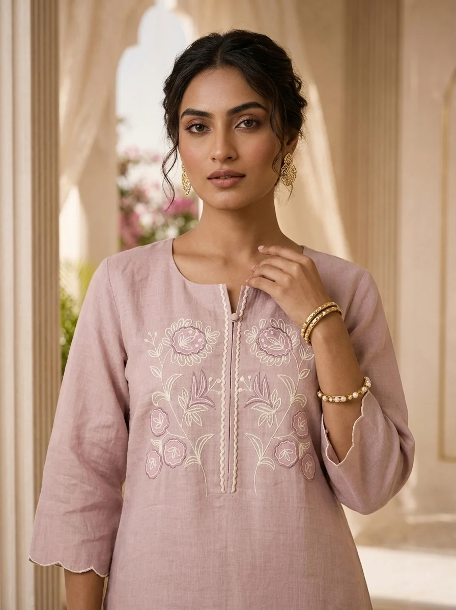 Baby Pink Floral Thread Embroidery Linen Two Piece Set - Image 4