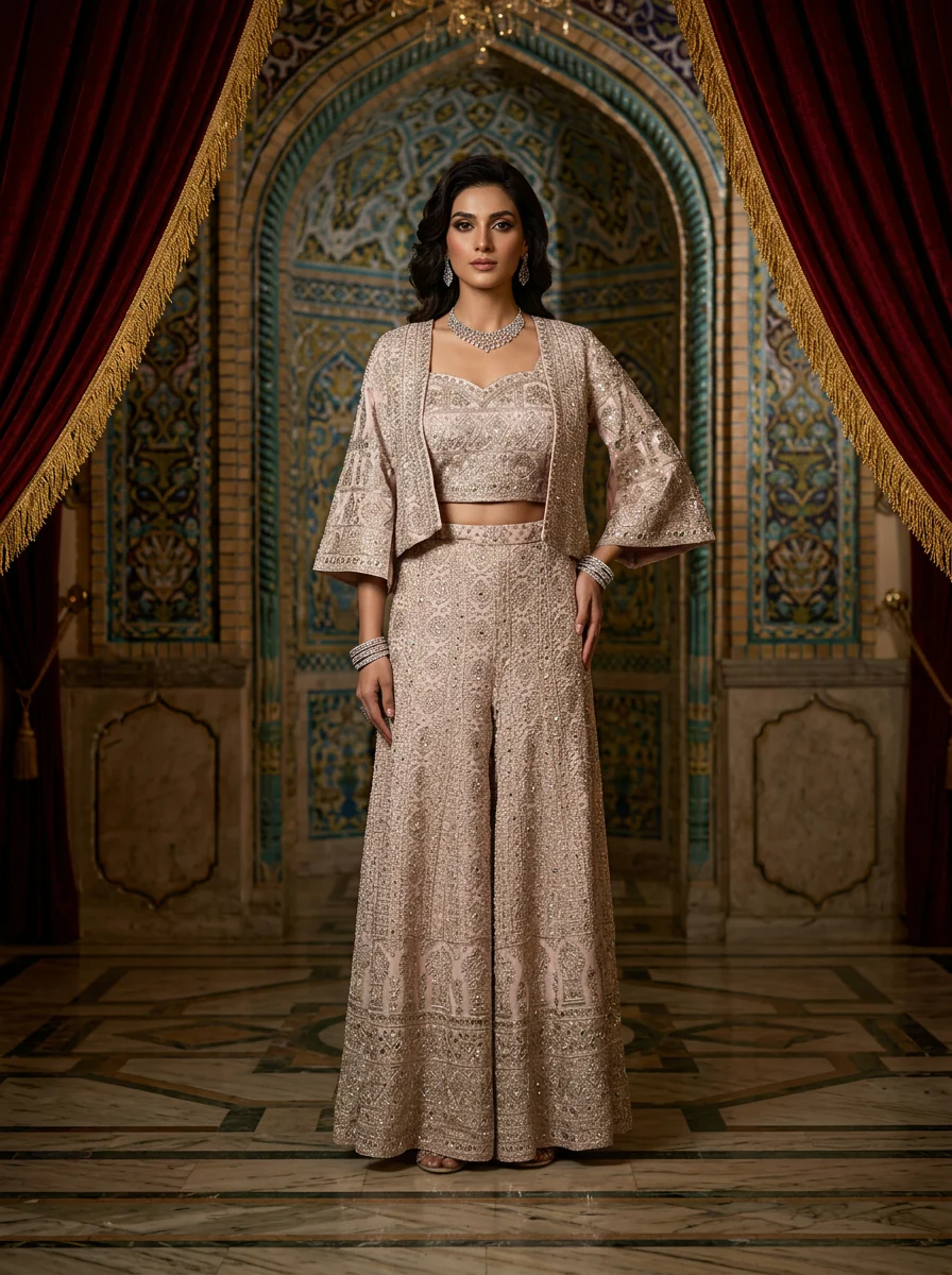 Baby Pink Georgette Heavy Embroidery Palazzo Set With Jacket