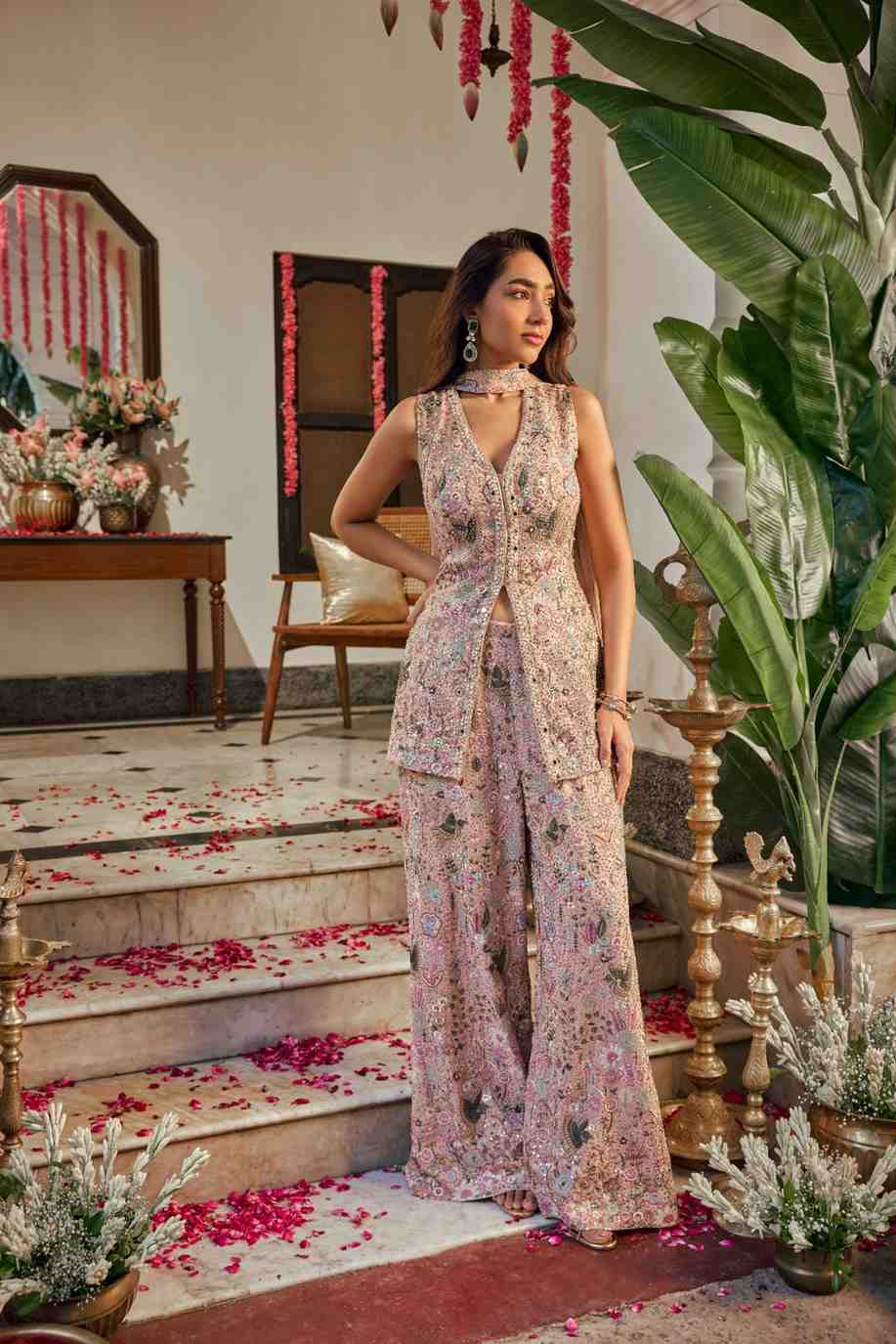 Baby Pink Georgette Multi Heavy Embroidery Palazoo Set - Image 3