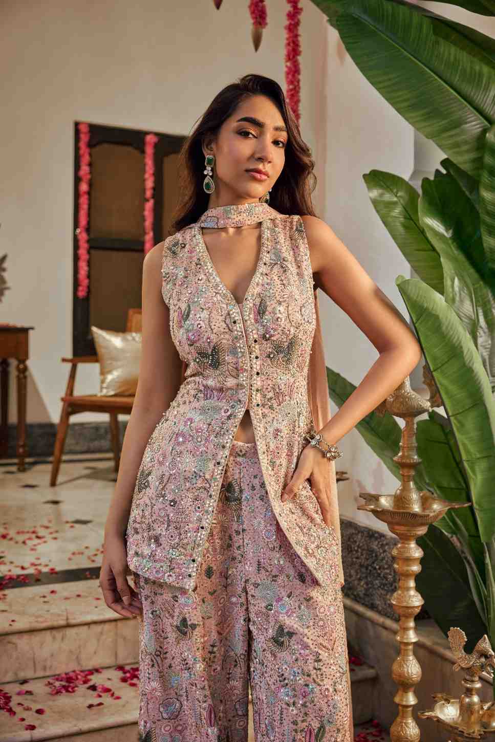 Baby Pink Georgette Multi Heavy Embroidery Palazoo Set - Image 4