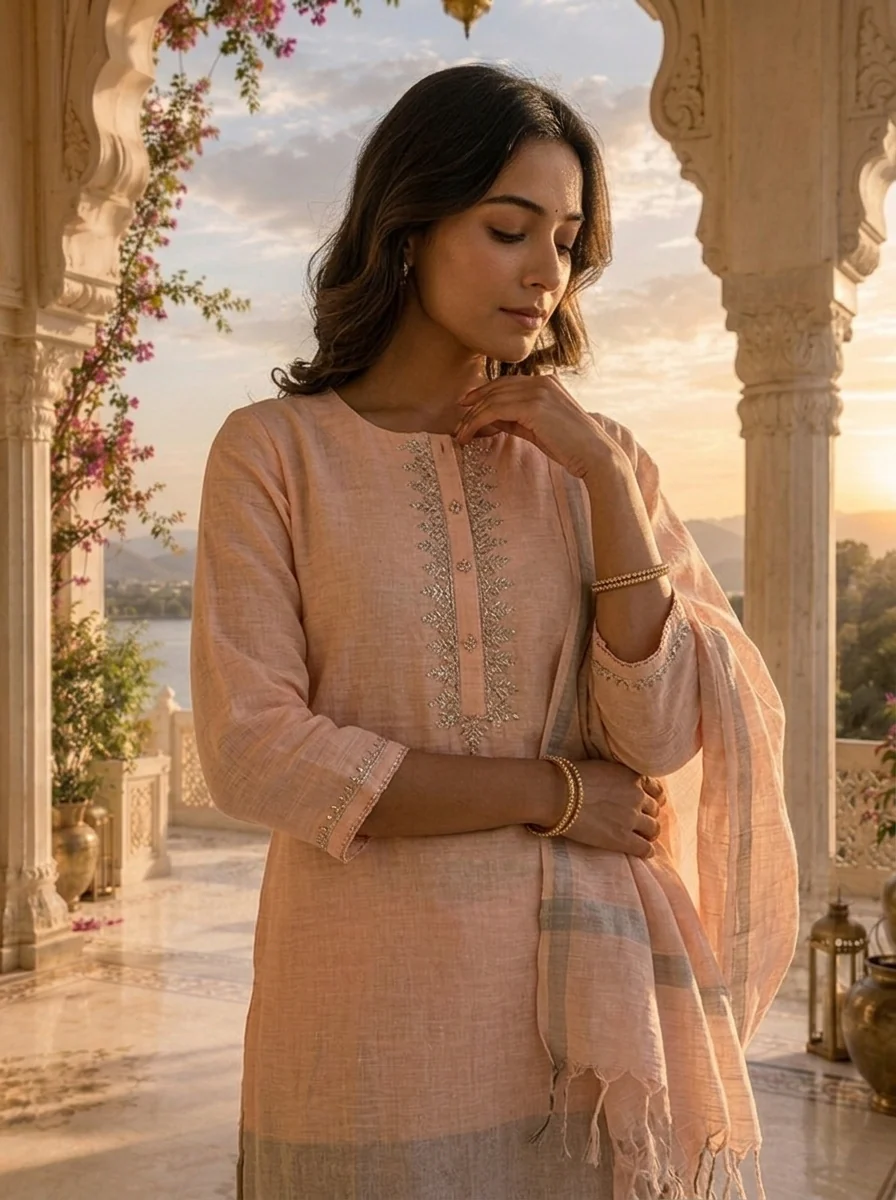 Baby Pink Linen Elegant Solid Design Three Piece Set - Image 4
