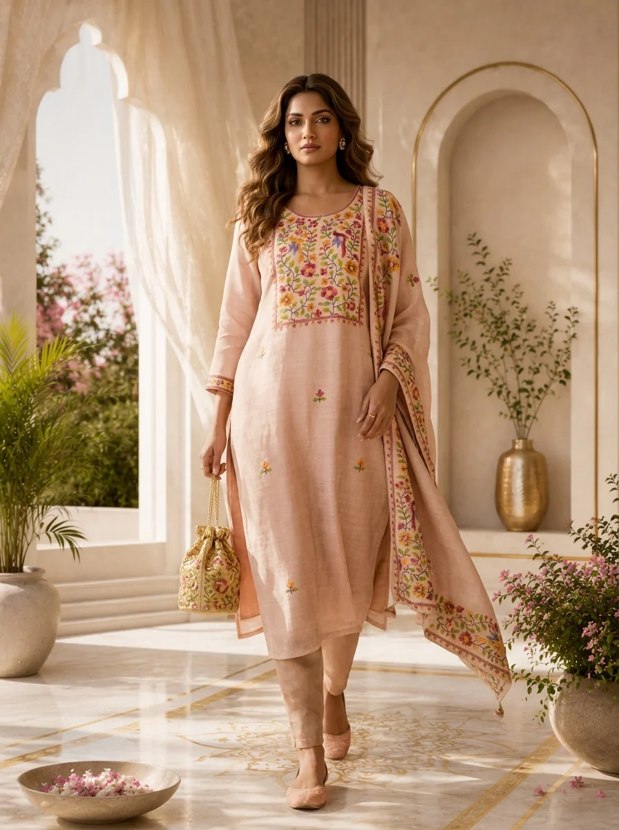 Baby Pink Linen Floral Printed Three Piece Set - Image 2