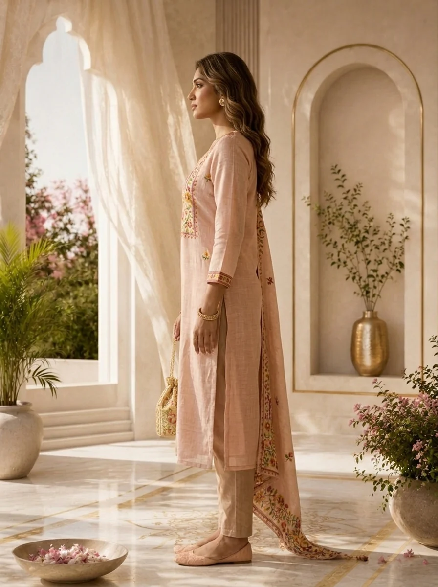 Baby Pink Linen Floral Printed Three Piece Set - Image 3