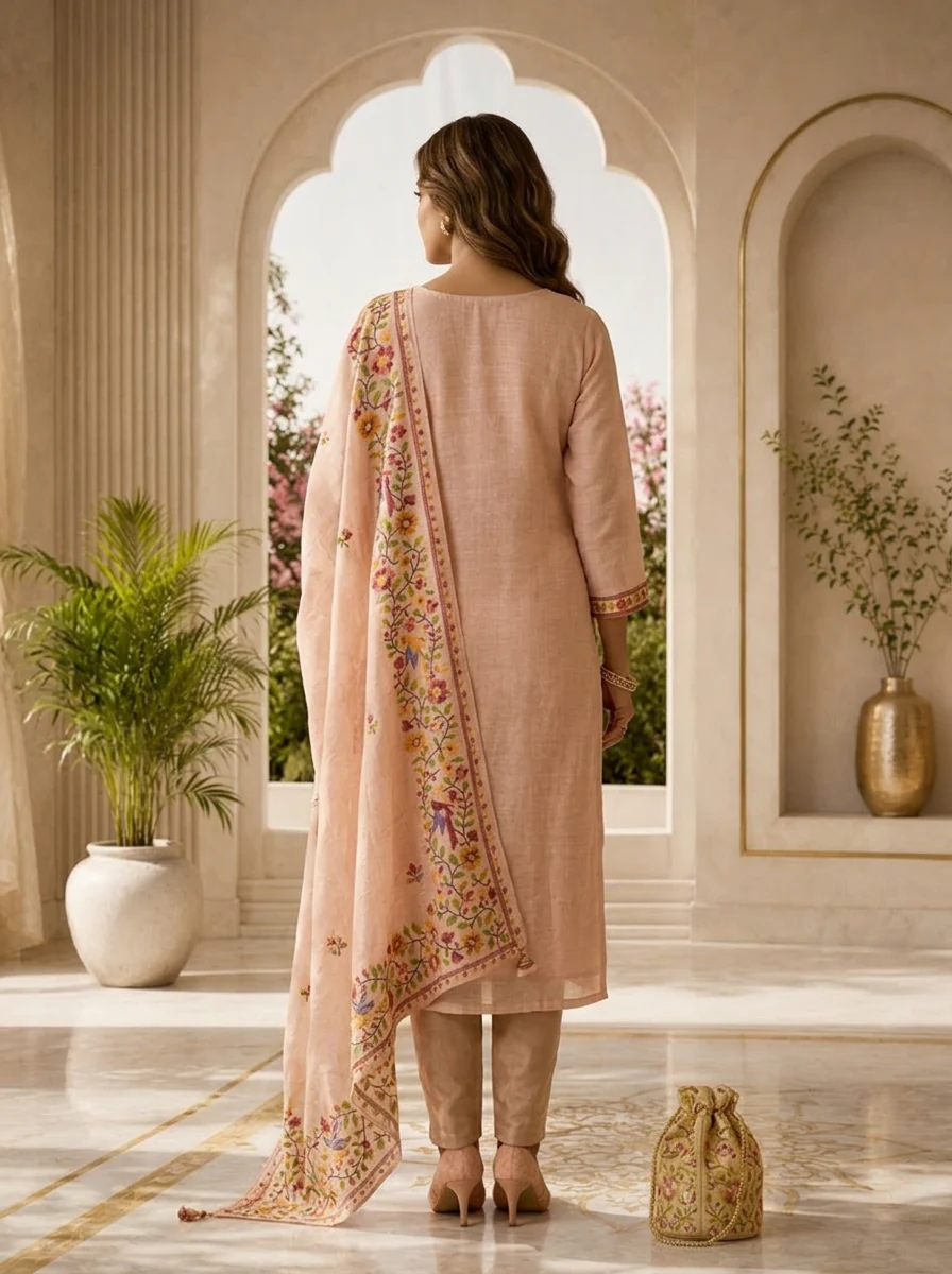 Baby Pink Linen Floral Printed Three Piece Set - Image 4
