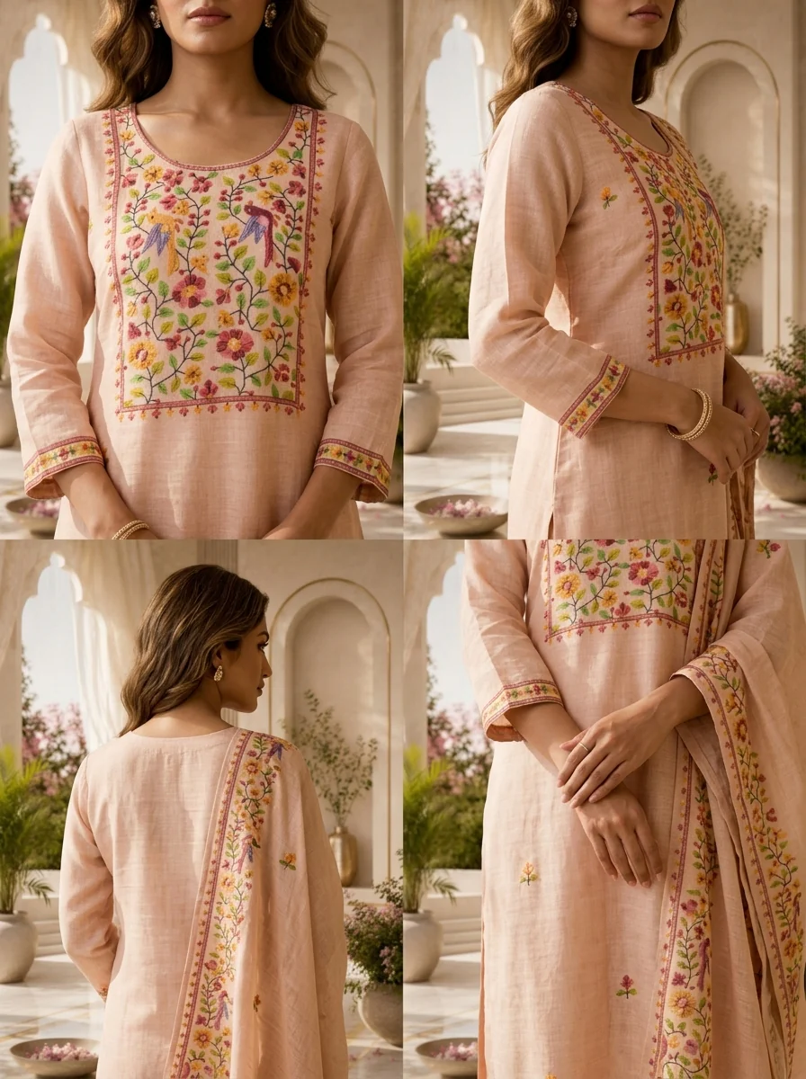 Baby Pink Linen Floral Printed Three Piece Set - Image 5