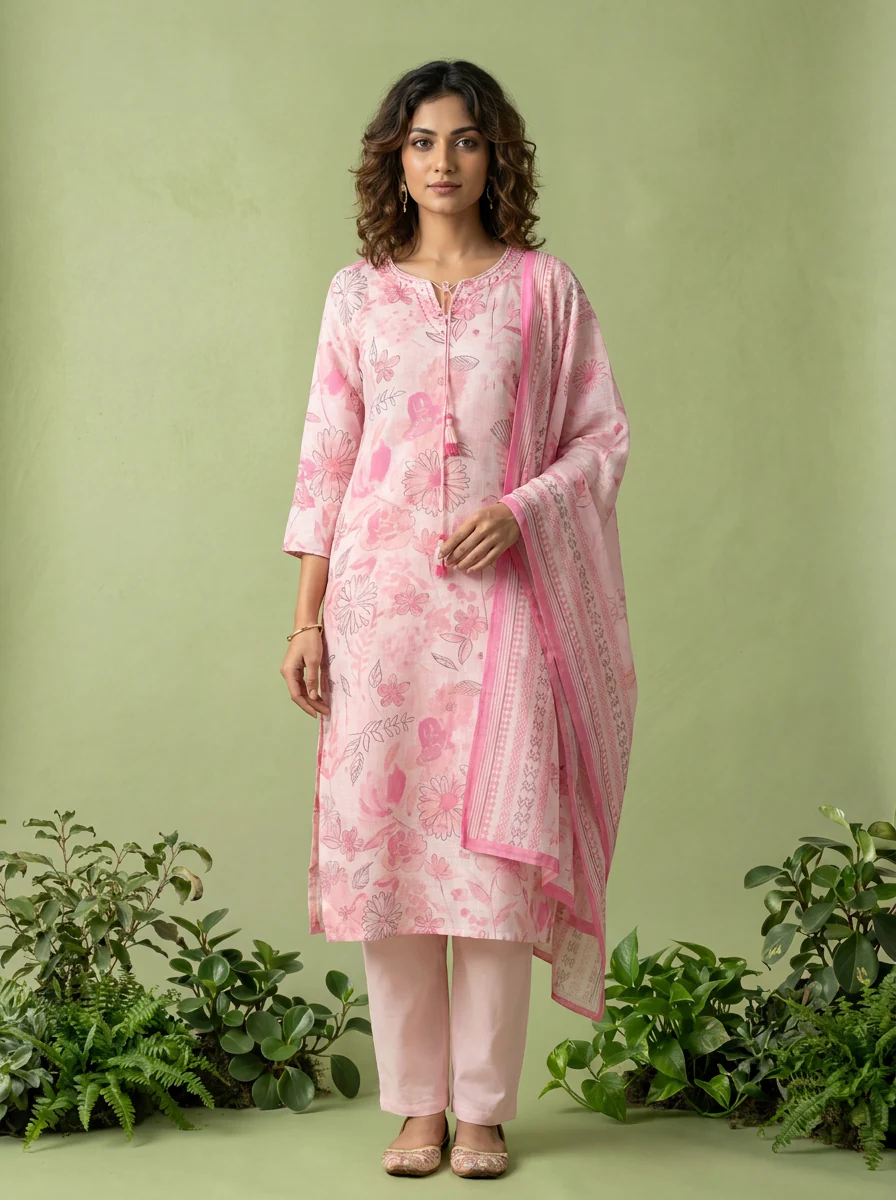 Baby Pink Linen Heavy Floral Printed Three Piece Set - Image 2