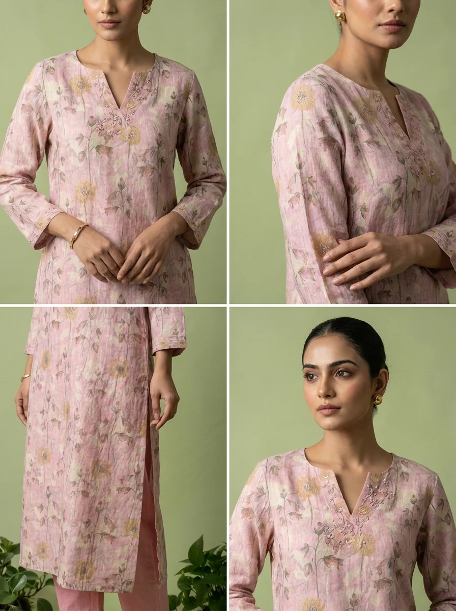Baby Pink Linen Mirror And Patch Embroidered Two Piece Set - Image 5