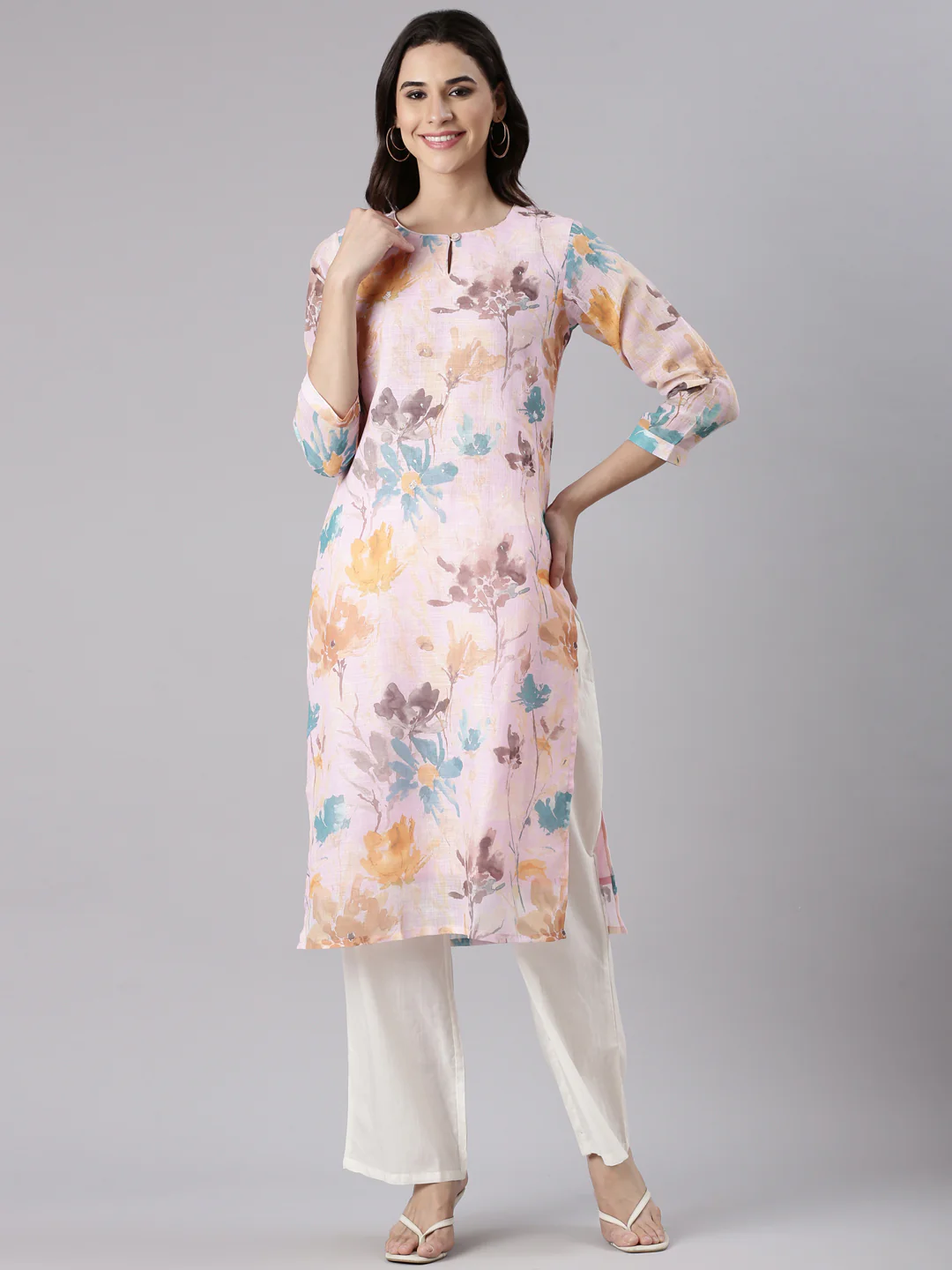 Baby Pink Linen Printed Kurta - Image 2