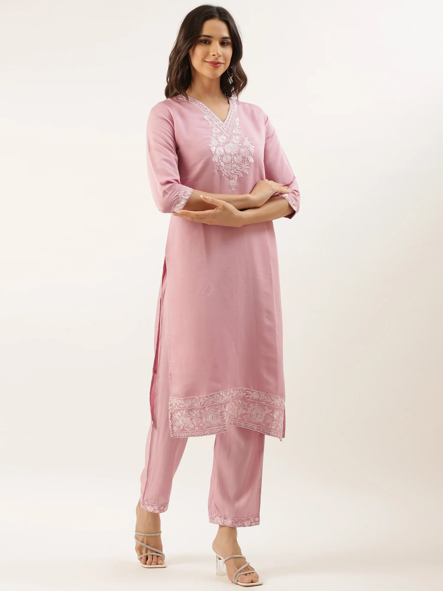 Baby Pink Modal Silk Embroidery Three Piece Suit Set - Image 2