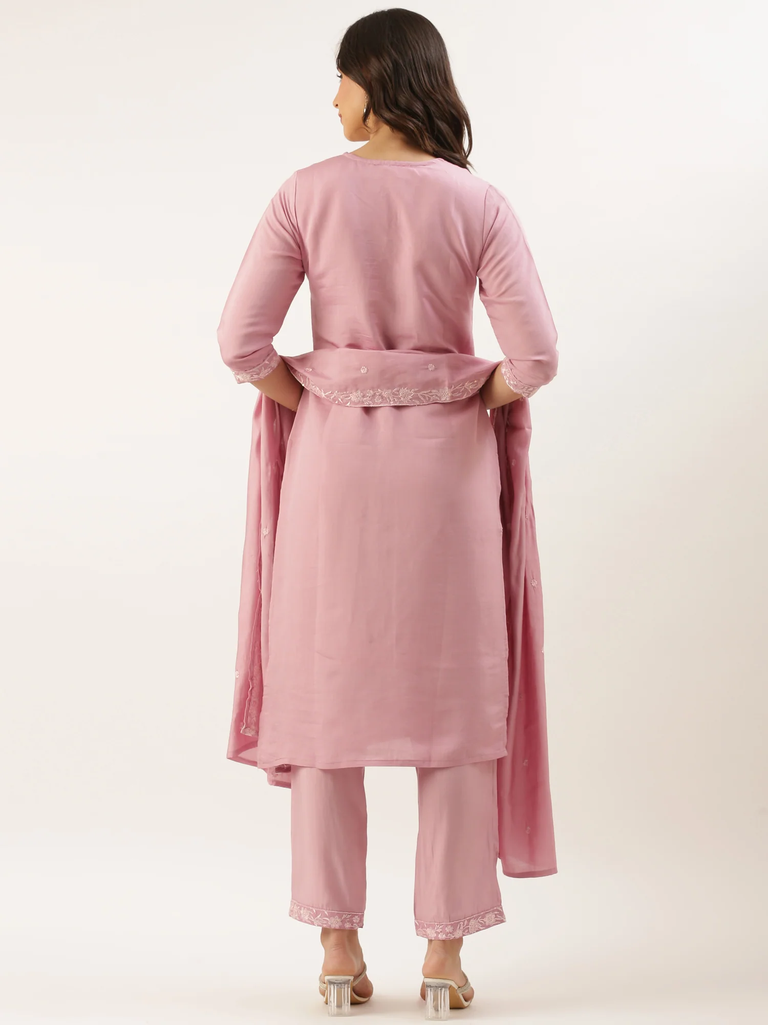 Baby Pink Modal Silk Embroidery Three Piece Suit Set - Image 3