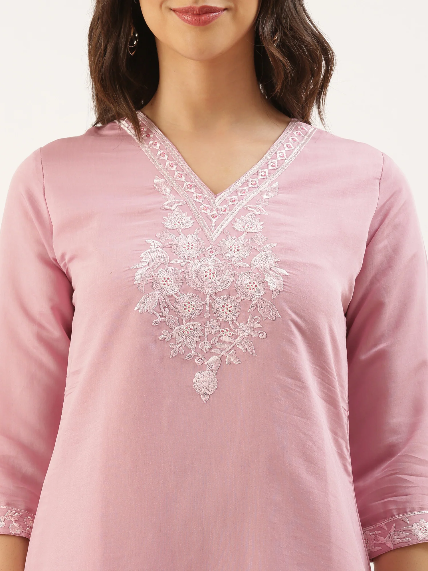 Baby Pink Modal Silk Embroidery Three Piece Suit Set - Image 4
