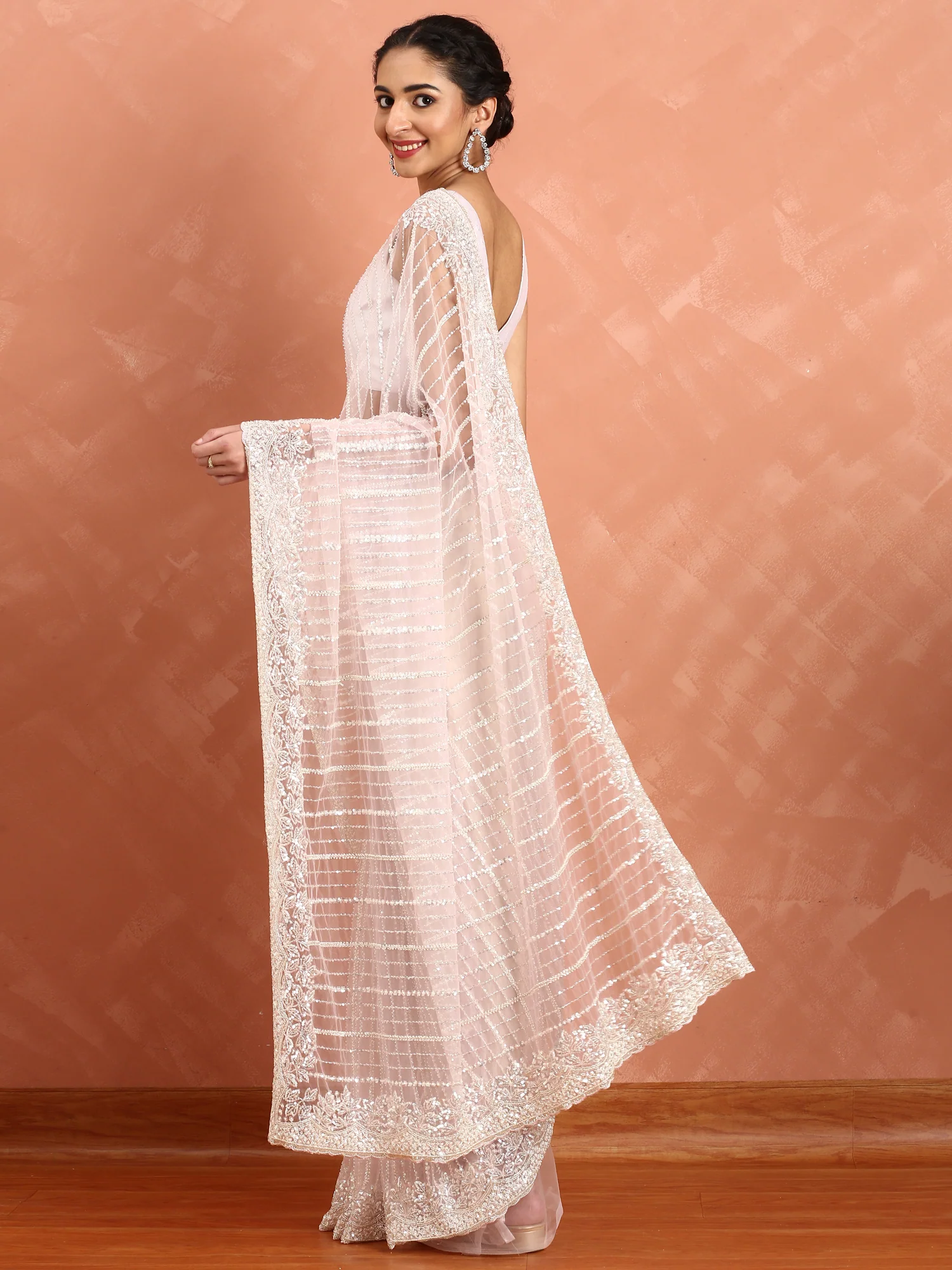 Baby pink net saree with cut Dana hand embroidery - Image 2