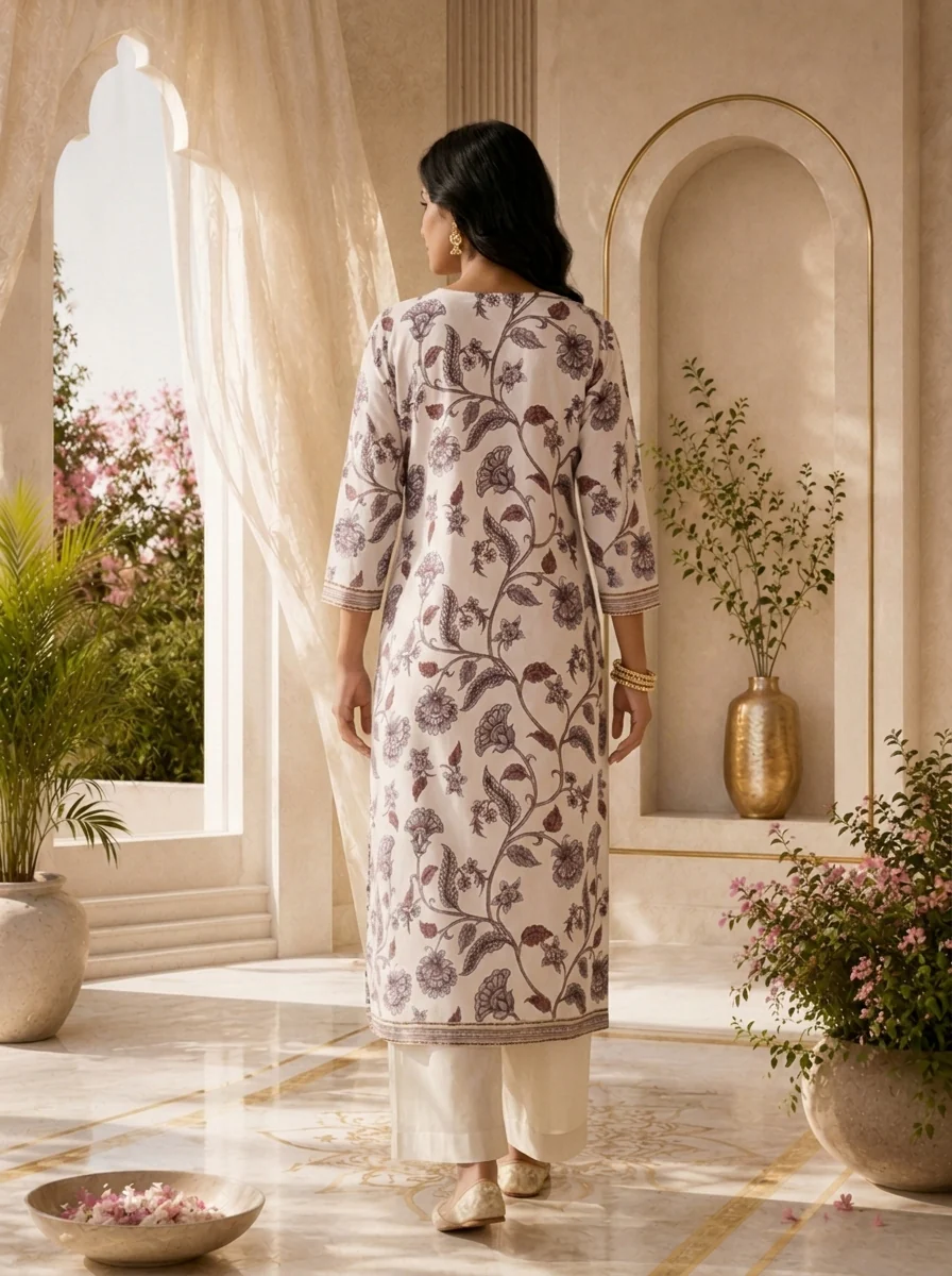 Baby Pink Printed And Beads Embroidered Silk Kurta - Image 3
