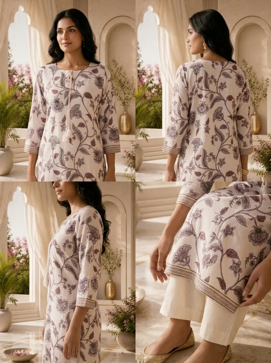 Baby Pink Printed And Beads Embroidered Silk Kurta - Image 5