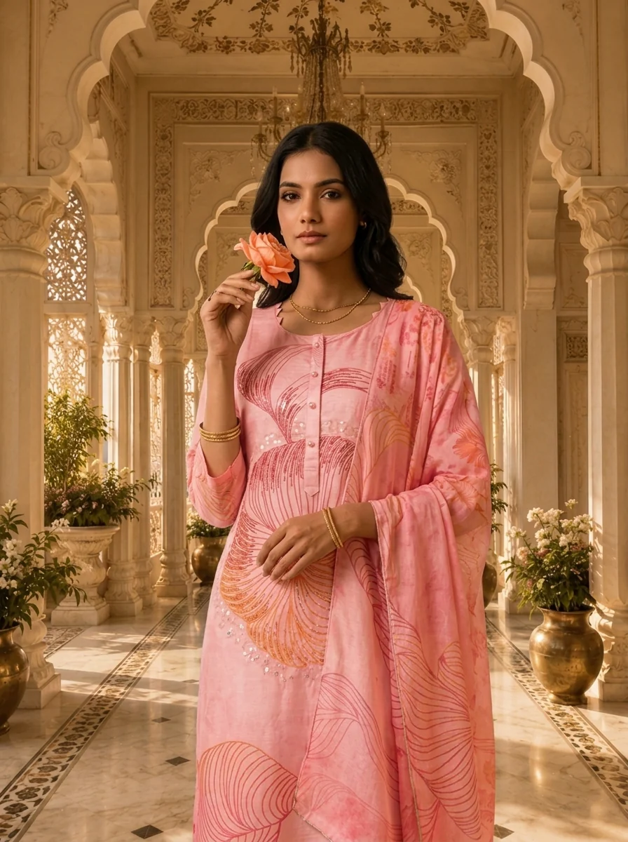 Baby Pink Rayon Floral Printed Three Piece Set - Image 4