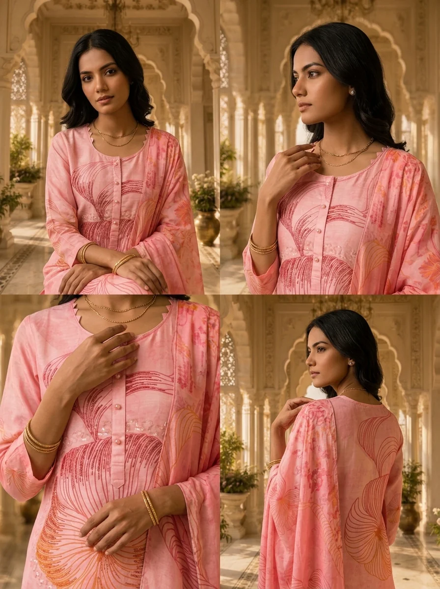 Baby Pink Rayon Floral Printed Three Piece Set - Image 5